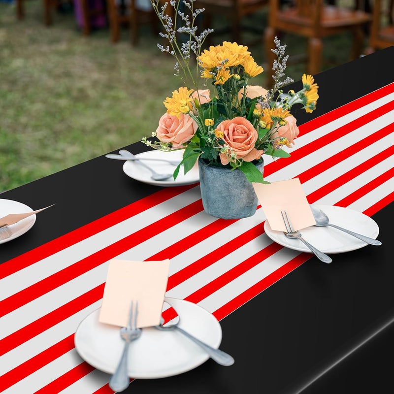 Oudain 6 Pcs Striped Tablecloth 108 x 54 Inch Rectangle Table Cover Disposable Plastic Table Cloth Waterproof Tablecloth Plastic Table Cover for Birthday Wedding Bridal (Red White Black) - Image 4