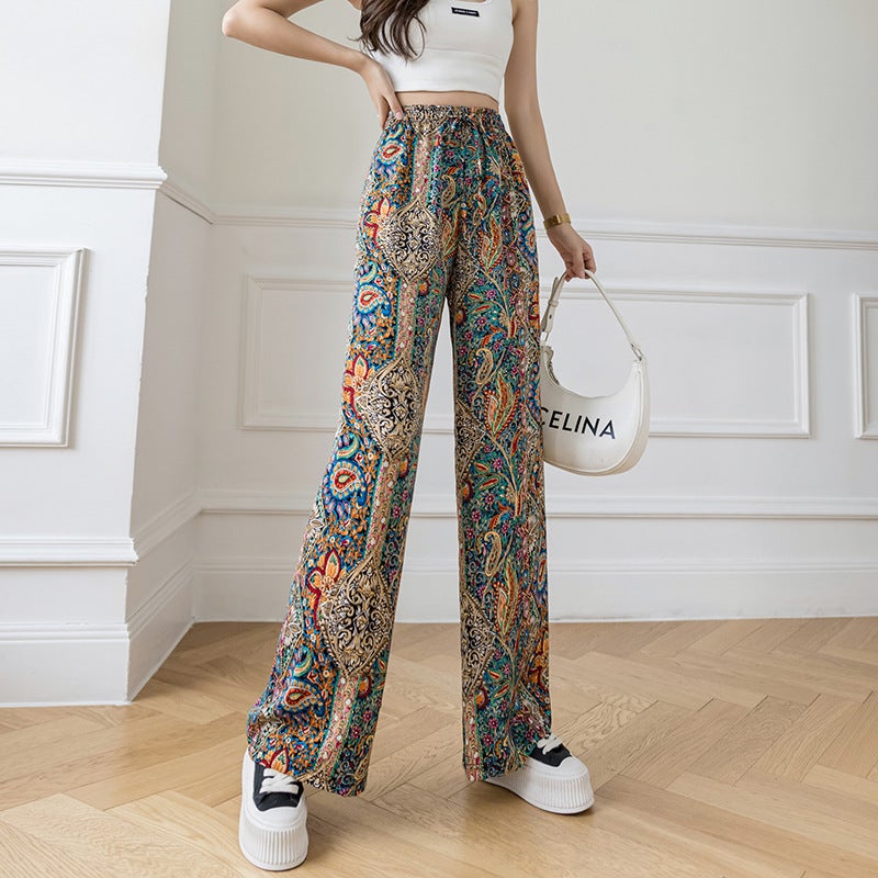 Spring and Summer Ink Tie-Dye Wide Leg Pants Womens Casual Leopard Ice Silk Ethnic Style Loose Ice Silk Pants Casual Pants Phoenix Flower