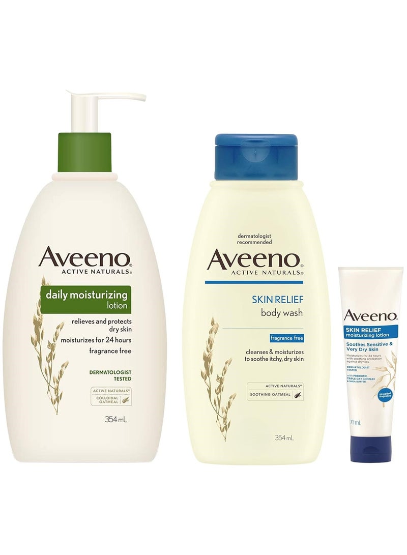 Aveeno Daily Moisturizing Lotion For Normal To Dry Skin With Oats, 354ml & Aveeno Skin Relief Lotion For Sensitive Skin, White, 71 ML & Aveeno Skin Relief Body Wash For Sensitive Skin, 354 ml - Image 2