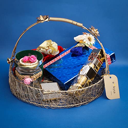 ekysa dekor metal meshwire multipurpose hamper Fancy Basket/Tray/Platter with hadles for Packing, Gifting, Decoration - Golden (12 * 12 * 2.5 inch) - Image 3