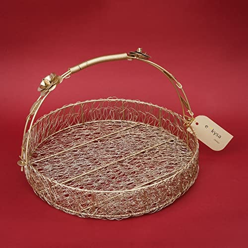 ekysa dekor metal meshwire multipurpose hamper Fancy Basket/Tray/Platter with hadles for Packing, Gifting, Decoration - Golden (12 * 12 * 2.5 inch) - Image 1