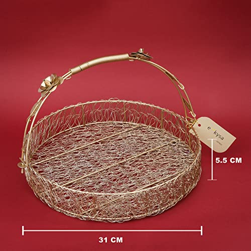 ekysa dekor metal meshwire multipurpose hamper Fancy Basket/Tray/Platter with hadles for Packing, Gifting, Decoration - Golden (12 * 12 * 2.5 inch) - Image 2