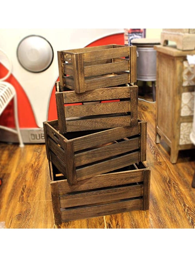 FFD Set of 4 Wooden Storage Crates with Handles - Rustic Decorative Wood Crate Display Boxes, Natural Unfinished, Small to Extra Large Sizes - Image 1
