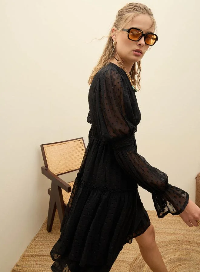 SASSAFRAS Sassafras Black Dobby V Neck Mini Dress