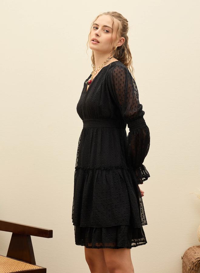 ساسافراس فستان قصير أسود ساسافراس بياقة على شكل حرف - Image 3