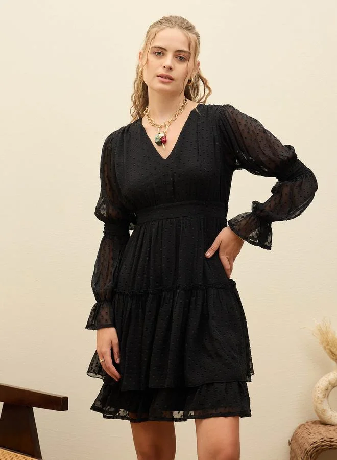 SASSAFRAS Sassafras Black Dobby V Neck Mini Dress