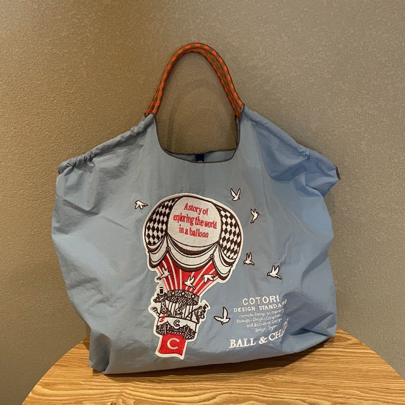 Japanese hot air balloon embroidery environmental protection cloth bag female ball chain New embroidery nylon handbag shoulderBlue hot air balloon large Blue hot air balloon large