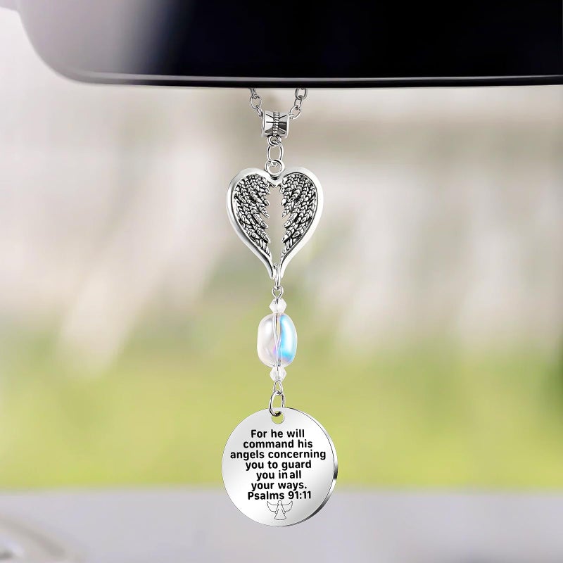 Ausicfen Angel Car Charms Rear View Mirror Accessories Christian Car Jewelry,Guardian Angel Hanging Ornament,Bible Religious Gifts,Rear View Mirror Accessories for Women Teen Girls Friends(Psalm 91:11) - Image 1