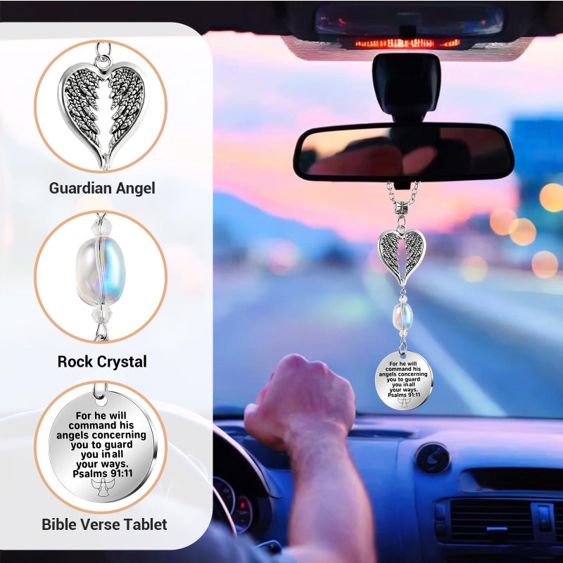 Ausicfen Angel Car Charms Rear View Mirror Accessories Christian Car Jewelry,Guardian Angel Hanging Ornament,Bible Religious Gifts,Rear View Mirror Accessories for Women Teen Girls Friends(Psalm 91:11) - Image 2