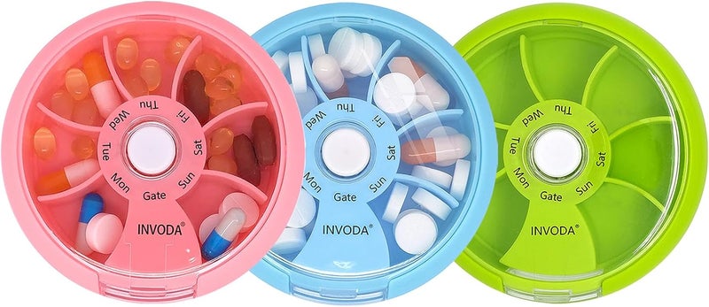Pill Organizer Small Pill Case 7 Day Portable Travel Pill Box Cute Daily Pill Container for Medicine Fish Oil Supplements Vitamin Case (Pink+Green+Blue)