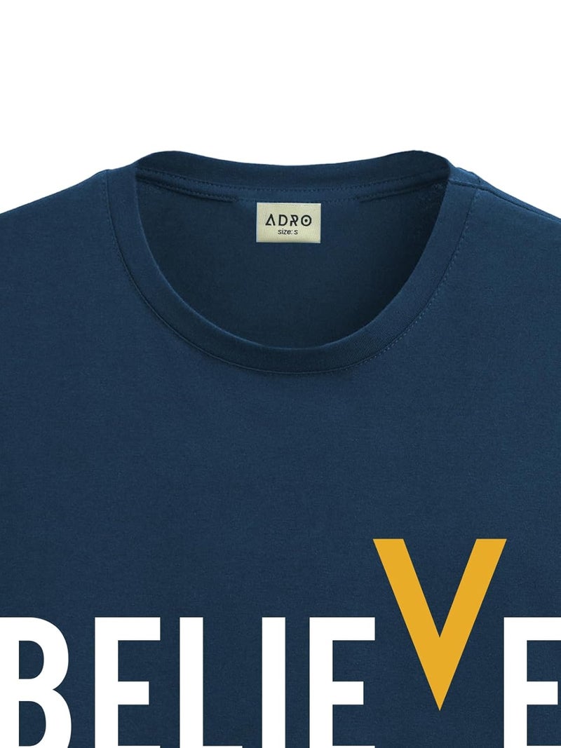 adro تي شيرت قطن مطبوع للرجال من ADRO - لون أزرق مائل إلى الأخضر مع رسمة 'BELIEVE' - Image 5