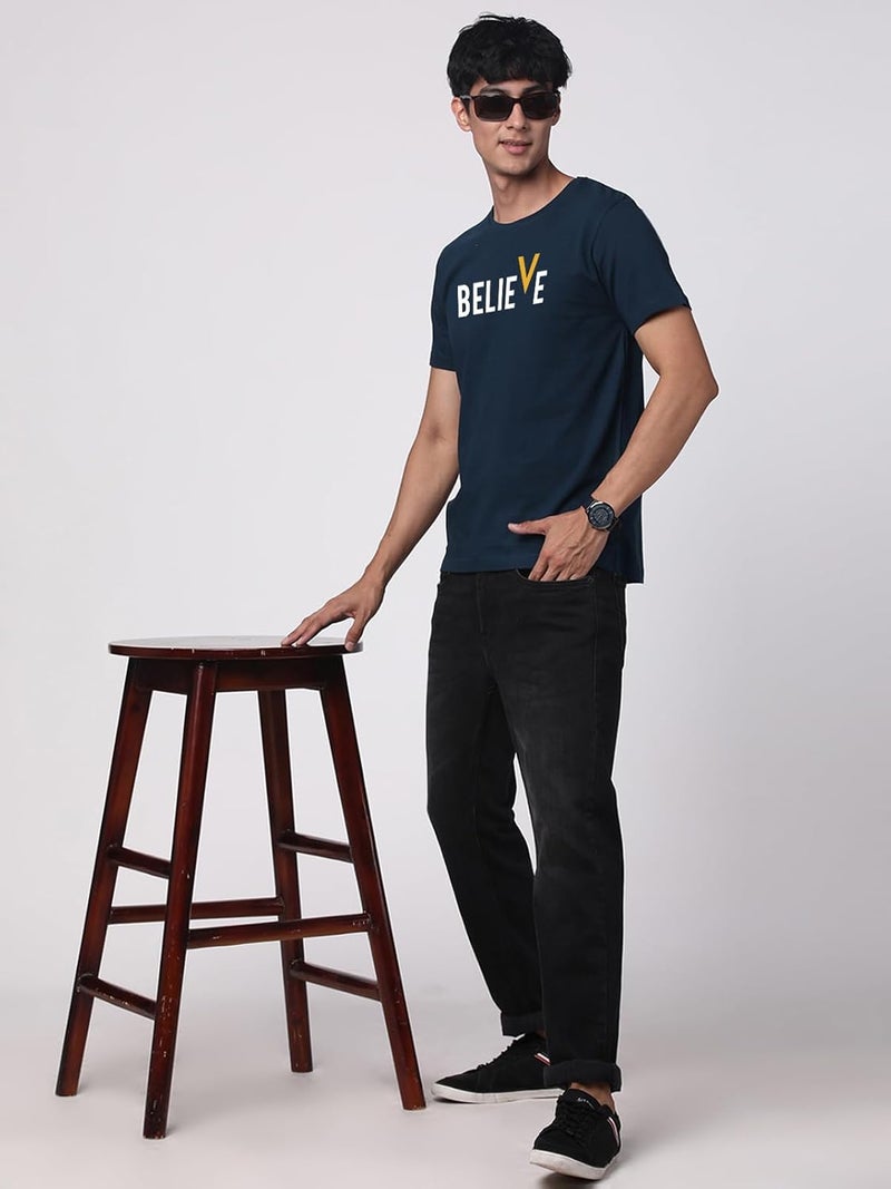 adro تي شيرت قطن مطبوع للرجال من ADRO - لون أزرق مائل إلى الأخضر مع رسمة 'BELIEVE' - Image 4