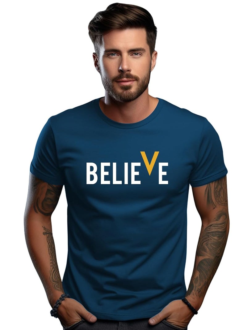 adro تي شيرت قطن مطبوع للرجال من ADRO - لون أزرق مائل إلى الأخضر مع رسمة 'BELIEVE' - Image 1