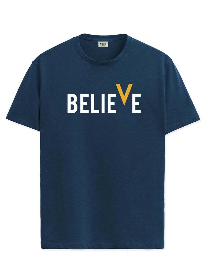 adro تي شيرت قطن مطبوع للرجال من ADRO - لون أزرق مائل إلى الأخضر مع رسمة 'BELIEVE' - Image 3