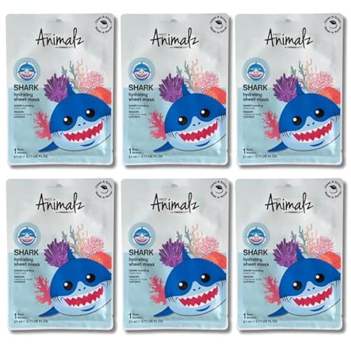 masque BAR Pretty Animalz Animal Character Sheet Mask, Korean Skin Care, Korean Spa Masks for All Skin Types, Spa Gifts, Birthday Party Gifts, Girls' Night, Skincare Party, Shark Pack of 6 - Image 2