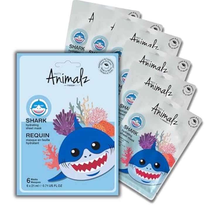 masque BAR Pretty Animalz Animal Character Sheet Mask, Korean Skin Care, Korean Spa Masks for All Skin Types, Spa Gifts, Birthday Party Gifts, Girls' Night, Skincare Party, Shark Pack of 6 - Image 1
