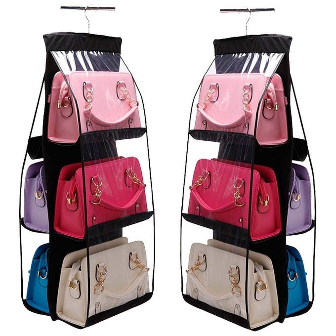 PURSE HANDBAG ORGANIZER 6 POCKET FOLDABLE LARGE CLEAR ANTI DUST HANGING STORAGE BAG ORGANIZER WITH HOOK PURSE HANGER STORAGE HOLDER FOR WARDROBE CLOSET ORGANIZER PACK OF 2 BLACK