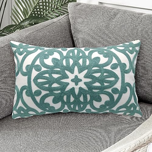 Alysheer Embroidered Lumbar Decorative Throw Pillow Cover 12x 20 Classic Boho Mandala Embroidery Pattern Cotton Farmhouse Rectangular Cushion Case for Sofa Couch Living Room BedroomDusty Blue - Image 3
