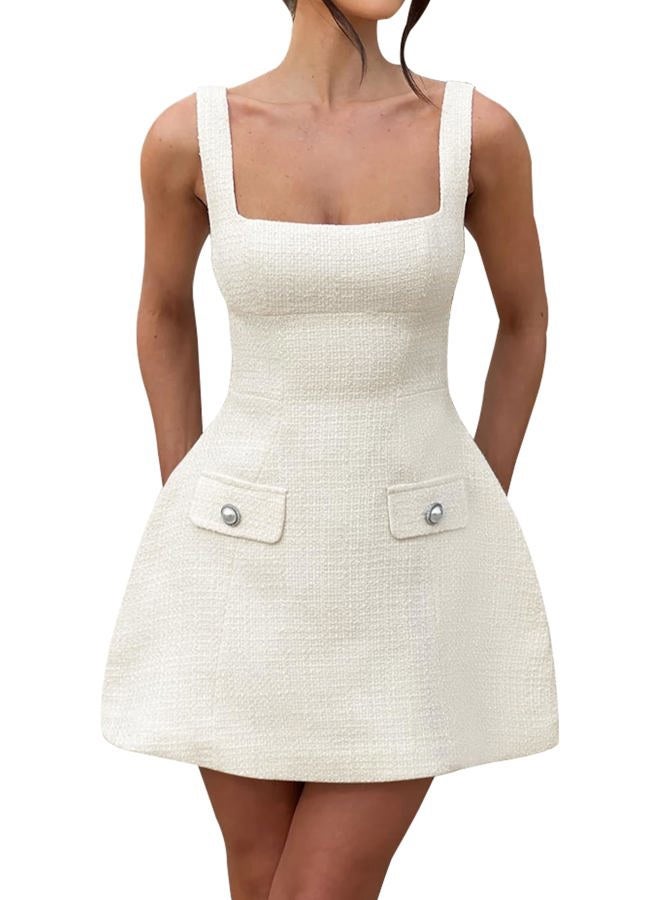SHESEEWORLD Women's Sleeveless Tank Dress Square Neck Adjustable Straps Backless Mini Dress, White, M - Image 1