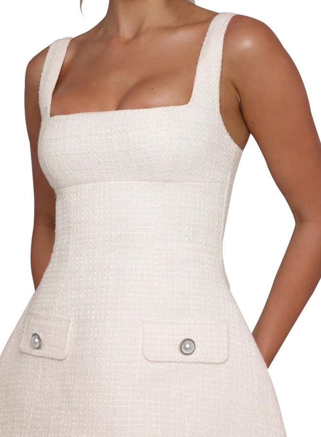 SHESEEWORLD Women's Sleeveless Tank Dress Square Neck Adjustable Straps Backless Mini Dress, White, M - Image 5