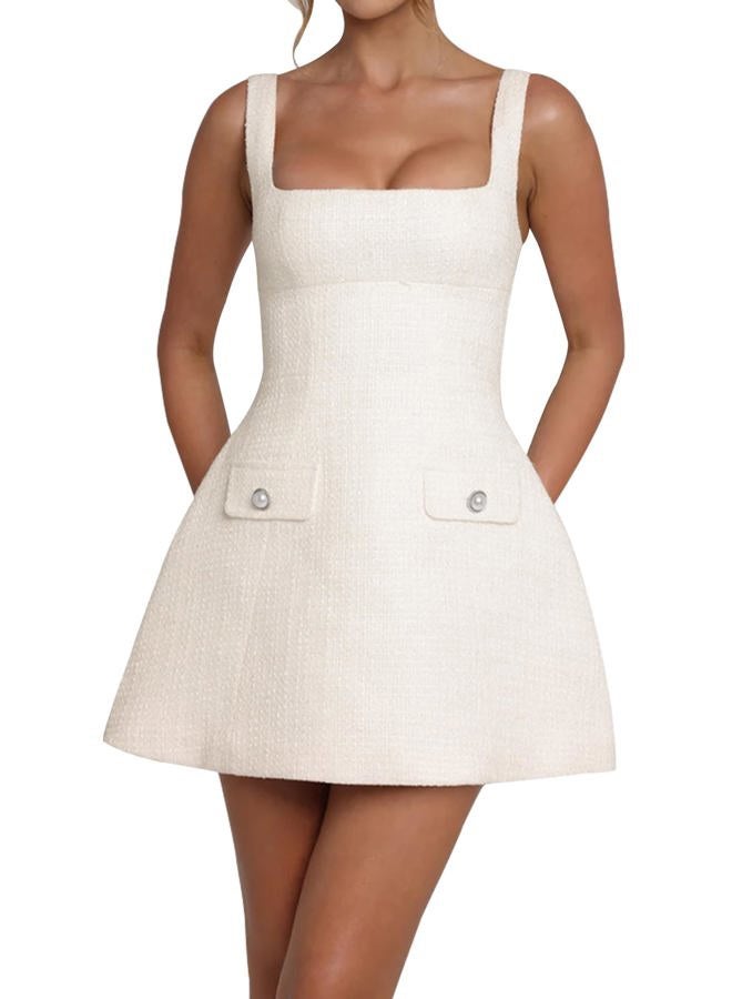SHESEEWORLD Women's Sleeveless Tank Dress Square Neck Adjustable Straps Backless Mini Dress, White, M - Image 2