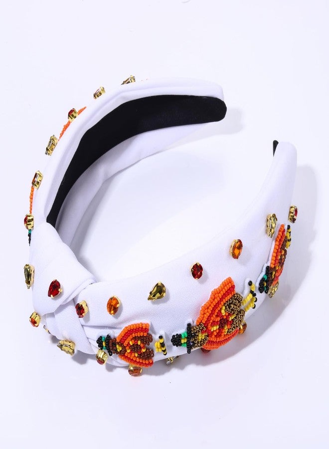 HZEYN Thanksgiving Headbands for Women Beaded Turkey Headband Jeweled Crystal Embellished Knotted Headband Fall Holiday Costume Headwear Hair Accessories (White-Beaded Turkey) - Image 4