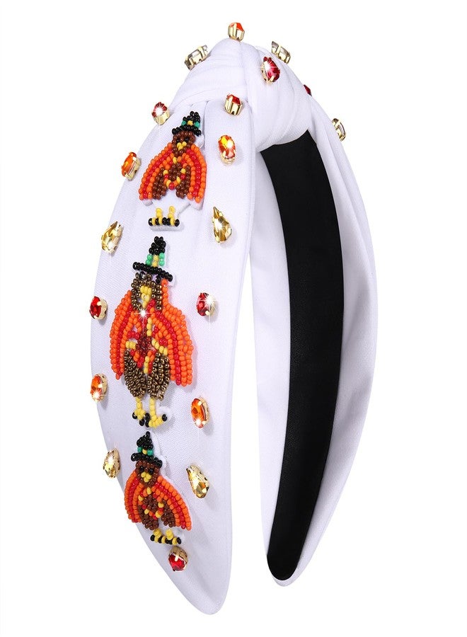 HZEYN Thanksgiving Headbands for Women Beaded Turkey Headband Jeweled Crystal Embellished Knotted Headband Fall Holiday Costume Headwear Hair Accessories (White-Beaded Turkey) - Image 1