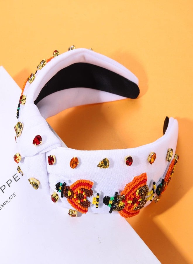 HZEYN Thanksgiving Headbands for Women Beaded Turkey Headband Jeweled Crystal Embellished Knotted Headband Fall Holiday Costume Headwear Hair Accessories (White-Beaded Turkey) - Image 3