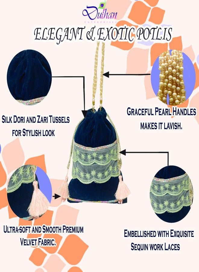 Dulhan Velvet Potli Bag with Pearl Handle |Sequin Tissue Lace Zari Tassels and Resham Dori | Teal Blue Soft Padded Wedding Shagun Pouch for Return Gifts, Wedding, Winter and Festive Use (pack of 12) - Image 4
