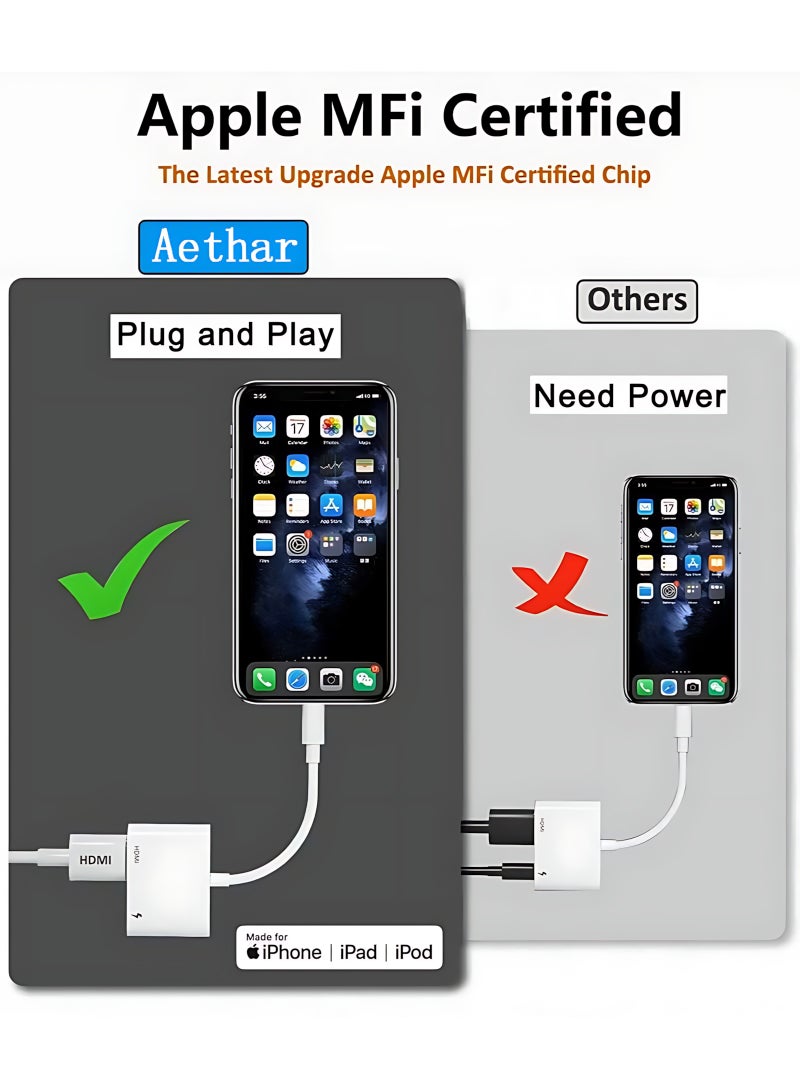 أثير محول Lightning إلى HDMI لأجهزة iPhone و iPad إلى HDMI 1080P محول AV رقمي عالي الدقة (لا حاجة إلى طاقة إضافية ، التوصيل والاستخدام) ، موصل شاشة مزامنة الفيديو والصوت مع منفذ شحن Lightning ، لأجهزة iPhone و iPad إلى شاشة عرض HDTV متوافقة - Image 2