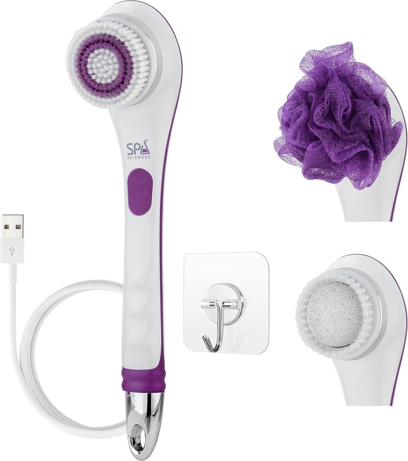 Spa Sciences  NERA  Power Shower Brush  3in1 Multifunction Back  Body Brush  Exfoliation Cleansing Massaging  for All Skin Types  Includes Body Brush Loofah  Pumice Stone  USB Charging