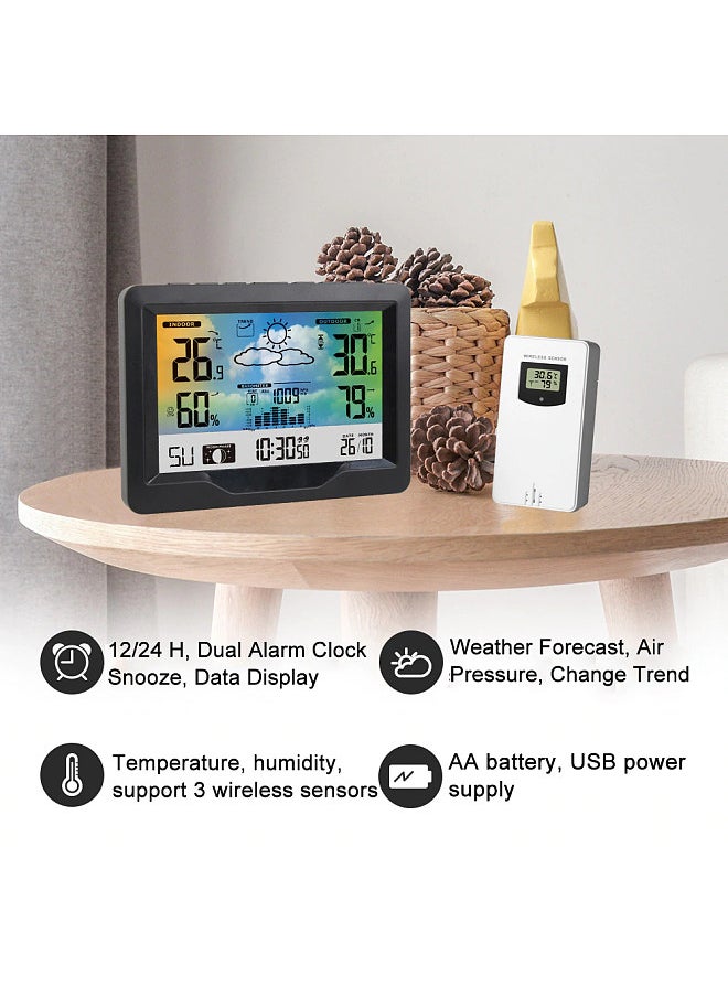 Generic - Wireless Weather Station Indoor Outdoor Color Screen Weather Forecast Station with Outdoor Sensor Digital Temperature and Humidity Gauge with Alarm Clock Moon Phase Backlight Sooze Mode - Image 1