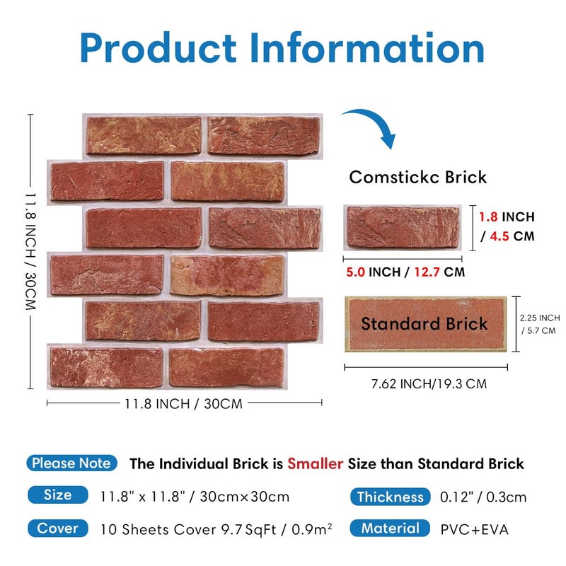 COMSTICKC 3D Faux Red Brick Wall Panel Peel and Stick,10 Pcs 12"X12", Small Brick, Ultra-Light Thin PVC Decorative Tile Wall Sticker, Designed for Quick DIY Wall Upgrades Indoor - Image 4