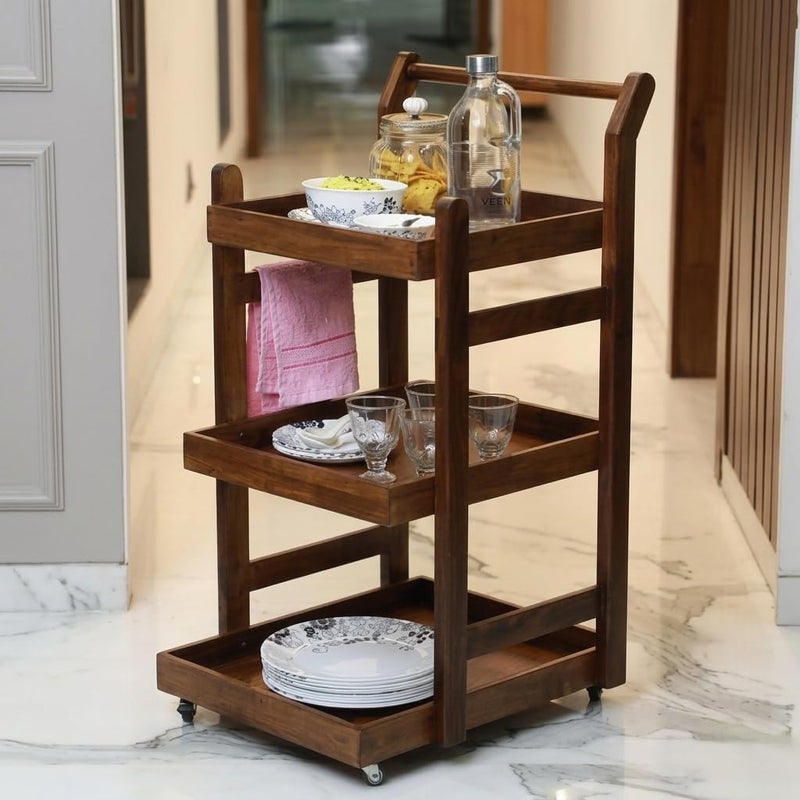 VM DECOR Solid Wood Rolling Utility Serving Trolley 3-Level Wooden Serving Trolley for Kitchen Organization Wheels for Dining Room, Wine Serving Trolley (3 Tier, Teak Finish) - Walnut Finish - Image 5