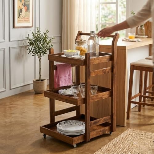 VM DECOR Solid Wood Rolling Utility Serving Trolley 3-Level Wooden Serving Trolley for Kitchen Organization Wheels for Dining Room, Wine Serving Trolley (3 Tier, Teak Finish) - Walnut Finish - Image 4