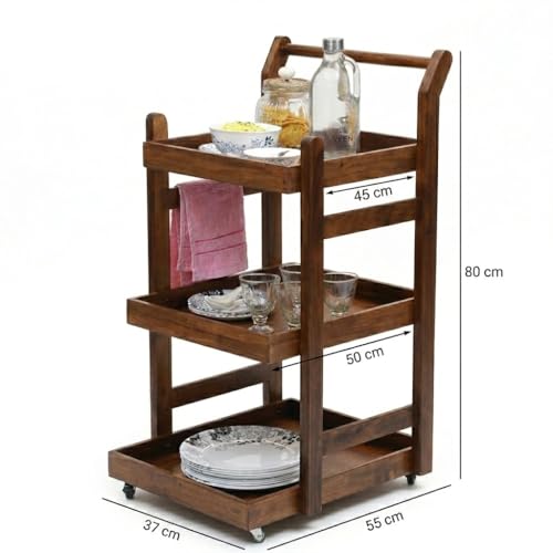 VM DECOR Solid Wood Rolling Utility Serving Trolley 3-Level Wooden Serving Trolley for Kitchen Organization Wheels for Dining Room, Wine Serving Trolley (3 Tier, Teak Finish) - Walnut Finish - Image 2