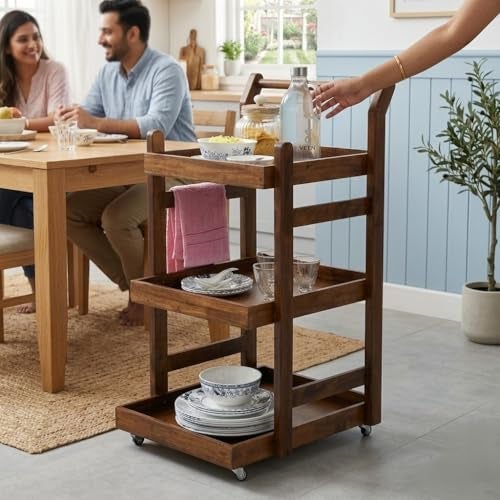 VM DECOR Solid Wood Rolling Utility Serving Trolley 3-Level Wooden Serving Trolley for Kitchen Organization Wheels for Dining Room, Wine Serving Trolley (3 Tier, Teak Finish) - Walnut Finish - Image 3