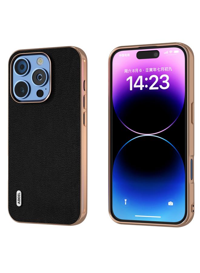S-TOP Case For iPhone 16 Pro ABEEL Electroplating Frame Genuine Leather Wave Phone Case - Image 1