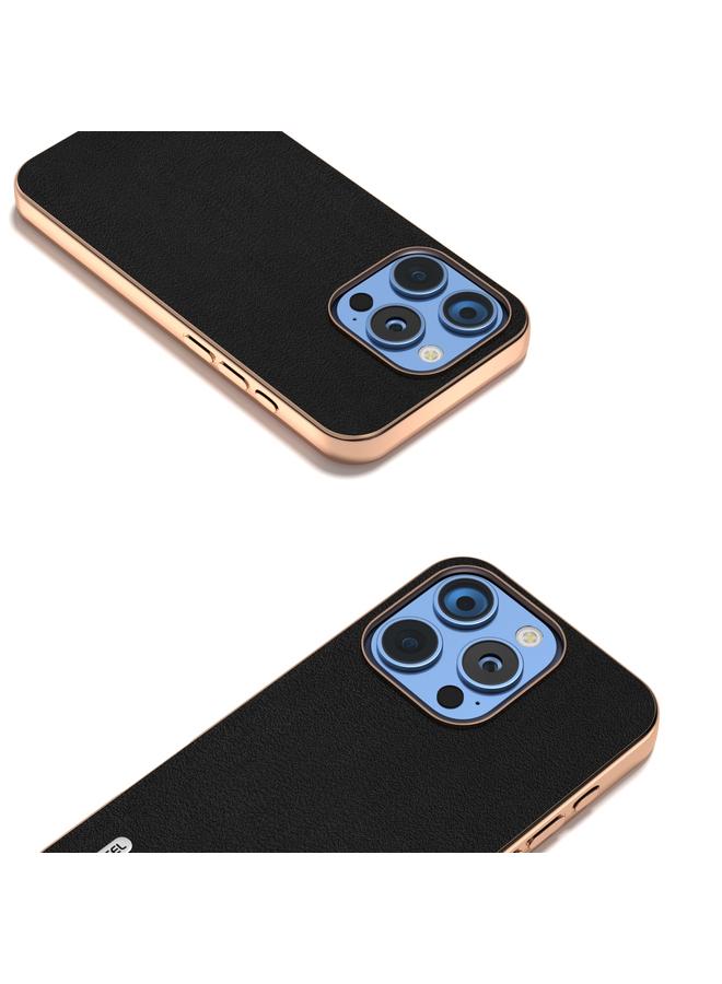 S-TOP Case For iPhone 16 Pro ABEEL Electroplating Frame Genuine Leather Wave Phone Case - Image 3