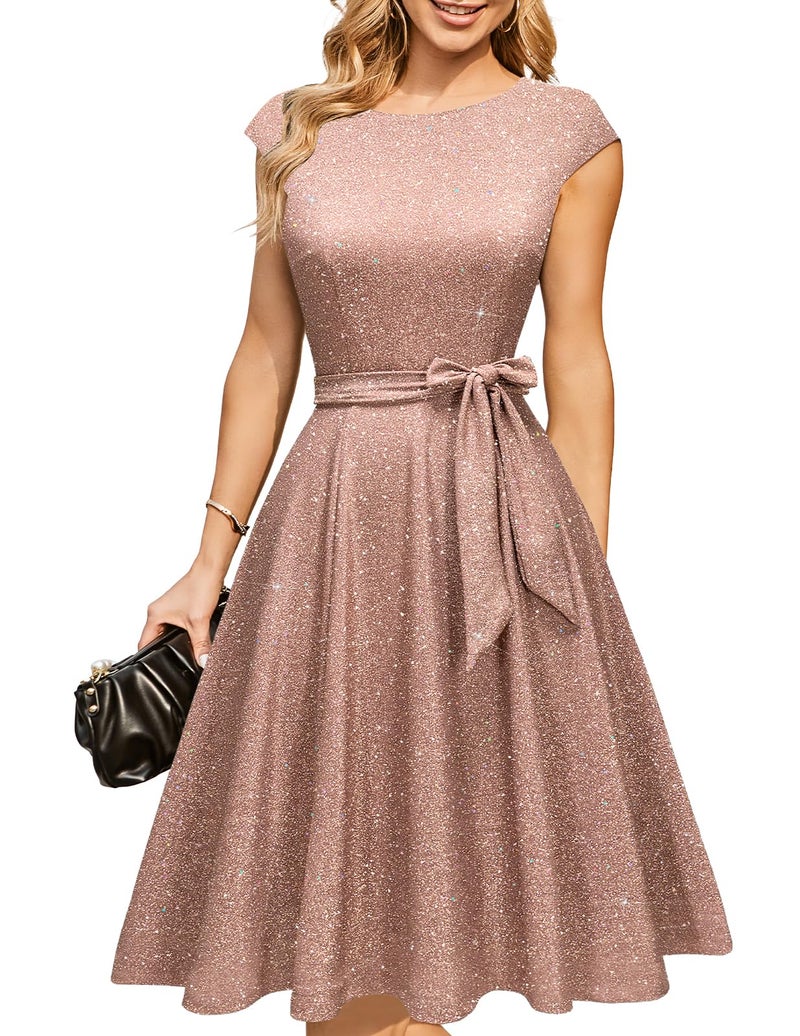 DRESSTELLS Women Sequin Formal Party Cocktail Dresses for Wedding Guest Sparkly Fancy Prom Tea Length Fit Flare Evening Gown Glitter Purple Pink L - Image 1