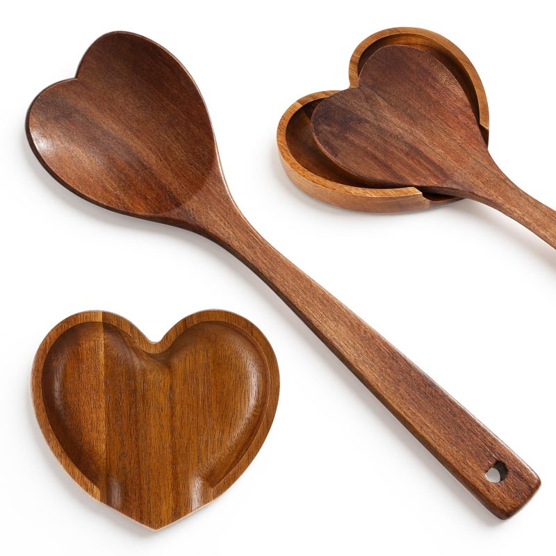 Baderke Heart Spoon Rest Set for Cooking Acacia Valentines Heart Spoon Set Valentines Mother's Day Gifts for Hostesses Cooks Wife Moms - Image 1
