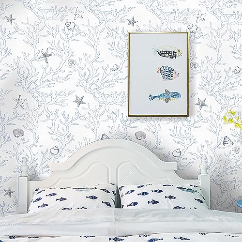 WENMER Ocean Peel and Stick 17.3" X 118" White and Blue Coral Seashell Starfish Light Blue Contact Paper Self Adhesive Removable Coastal Wallpaper for Bathroom - Image 3