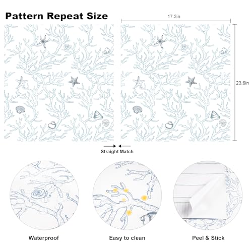 WENMER Ocean Peel and Stick 17.3" X 118" White and Blue Coral Seashell Starfish Light Blue Contact Paper Self Adhesive Removable Coastal Wallpaper for Bathroom - Image 4