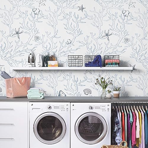 WENMER Ocean Peel and Stick 17.3" X 118" White and Blue Coral Seashell Starfish Light Blue Contact Paper Self Adhesive Removable Coastal Wallpaper for Bathroom - Image 5