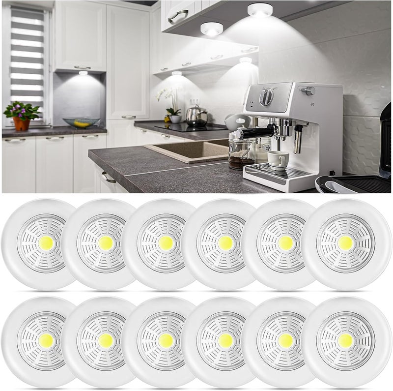 Macarrie 12 Pack Wireless LED Puck Lights Under Cabinet Lighting 70 Lumens Portable Touch Light Small Tap Lights Battery Powered Lights Stick on Lights for Kitchen Closets Cabinets Garage Bedroom - Image 1