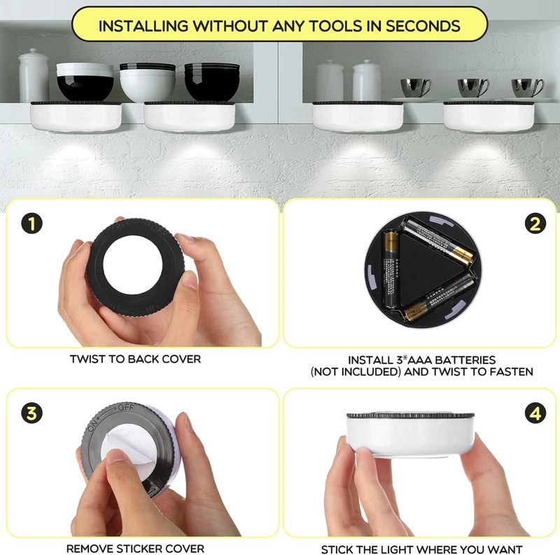 Macarrie 12 Pack Wireless LED Puck Lights Under Cabinet Lighting 70 Lumens Portable Touch Light Small Tap Lights Battery Powered Lights Stick on Lights for Kitchen Closets Cabinets Garage Bedroom - Image 4