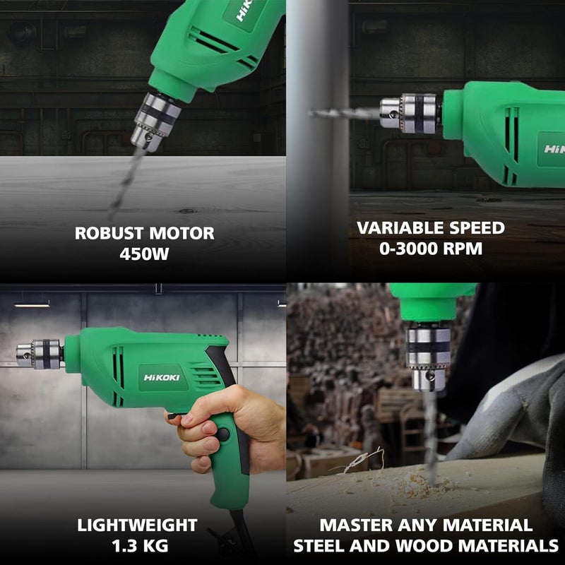 Hikoki D10Vstas9Z Corded Drill With Soft Grip Handle 450 Watts Powerful Motor 10Mm Drill Chuck And 03000Rpm 13 Kg Chuck Wrench Included Green - Image 3