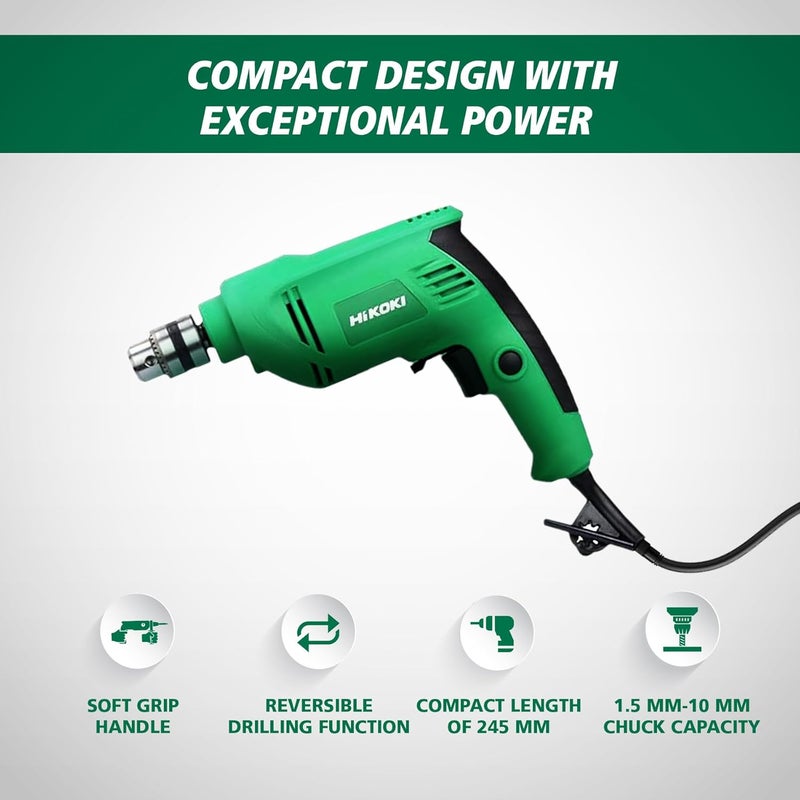 Hikoki D10Vstas9Z Corded Drill With Soft Grip Handle 450 Watts Powerful Motor 10Mm Drill Chuck And 03000Rpm 13 Kg Chuck Wrench Included Green - Image 2