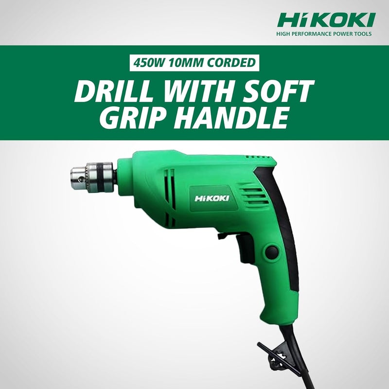 Hikoki D10Vstas9Z Corded Drill With Soft Grip Handle 450 Watts Powerful Motor 10Mm Drill Chuck And 03000Rpm 13 Kg Chuck Wrench Included Green - Image 1