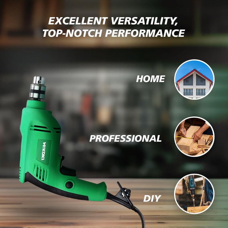 Hikoki D10Vstas9Z Corded Drill With Soft Grip Handle 450 Watts Powerful Motor 10Mm Drill Chuck And 03000Rpm 13 Kg Chuck Wrench Included Green - Image 4